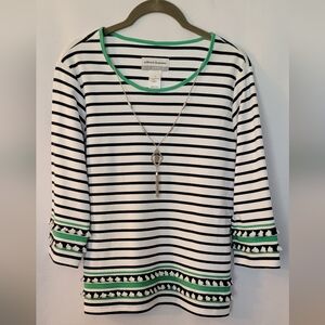 Alfred dunner Navy Blue and White Boxy Embellished 3/4 Sleeve Top Size PM